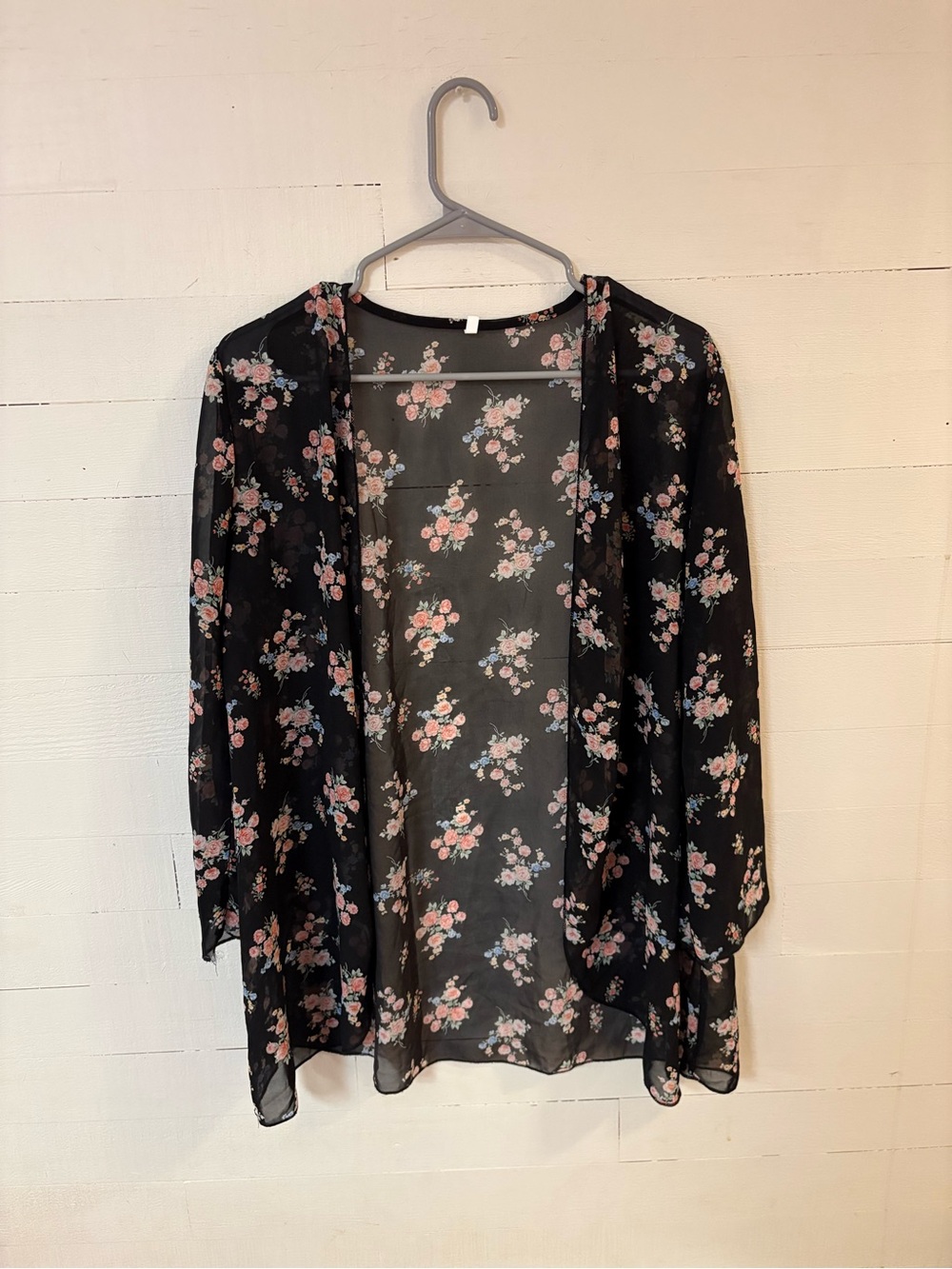 Black Floral Sheer Open Front Kimono Cardigan Size Medium